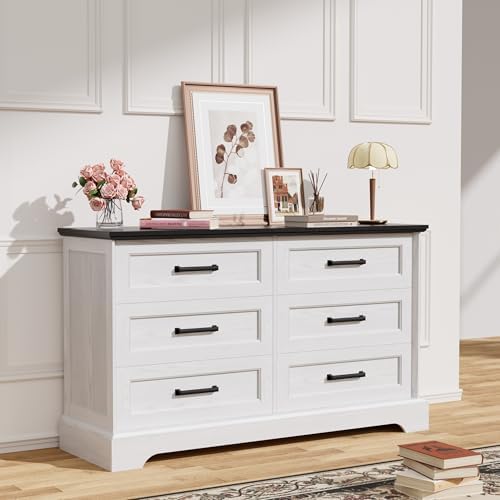 YESHOMY Dresser for Bedroom, Farmhouse 6 Drawers Dressers, White and Black
