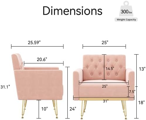 Olela Accent Chair with Arm for Living Room, Velvet Modern Armchair, Pink