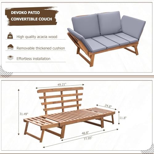 Devoko Outdoor Couch Acacia Wood Outdoor Sofa Balcony Furniture (Grey)