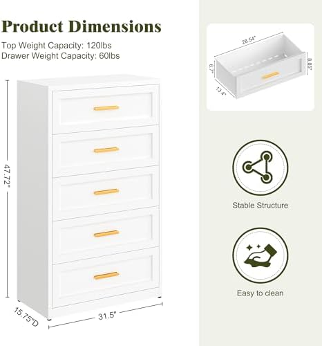 LCAOPC White Metal Dresser with 5 Spacious Drawers, Modern Chest of Drawers w...