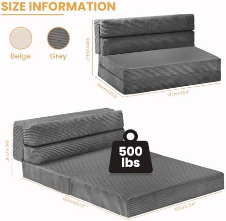 Foldable Mattress Full, 54" Folding Sofa Bed, 3-in-1 Convertible Sofa Be...
