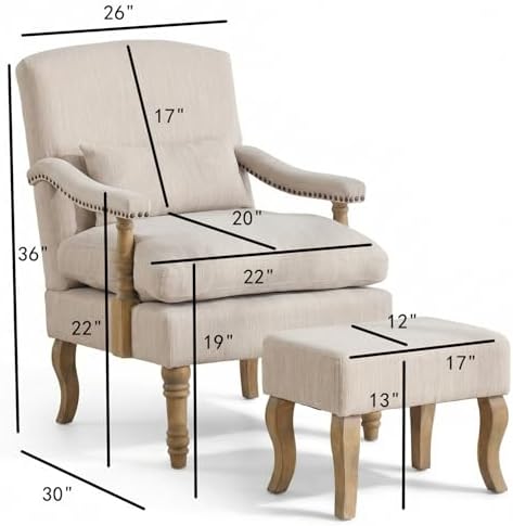 Accent Chair with Ottoman, Farmhouse Armchair, Natural Beige