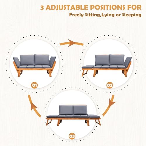 Greesum Patio Convertible Couch Sofa Bed with Adjustable Armrest, Acacia Wood...