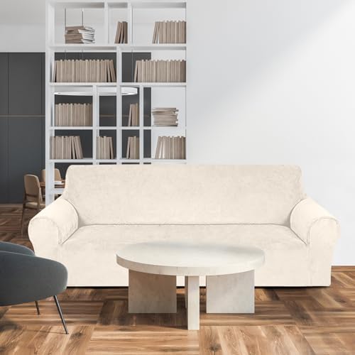 Peryiter 2 Pcs Couch and Loveseat Sofa Covers,Beige,Velvet | Armchair Covers for Living Room, Sofa Cushion Slipcover 2/3 Seater, Furniture Protector, Polyester and Spandex, Washable