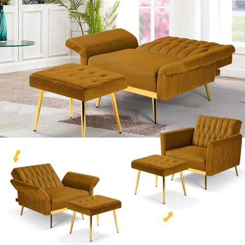 Velvet Accent Chair w/Ottoman & Adjustable Backrest, Ginger
