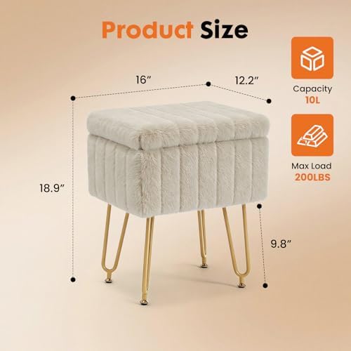 DUMOS Vanity Stool Chair with Storage, Small Ottoman Faux Fur Soft Padded Foo...