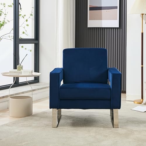 Velvet Accent Chair, Modern Armchair with Silver Base, Blue