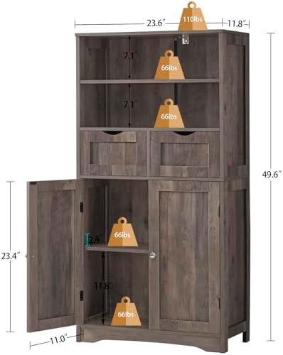 Iwell Tall Storage Cabinet with 2 Drawers & Adjustable Shelf, Bathroom Ca...