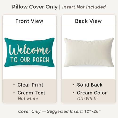 PANDICORN Farmhouse Throw Pillow Covers 12x20 Welcome to Our Porch, Teal | Outdoor Boho Decorations Lumbar Decorative Cushion Case for Home Sofa Couch Front Porch Patio Decor