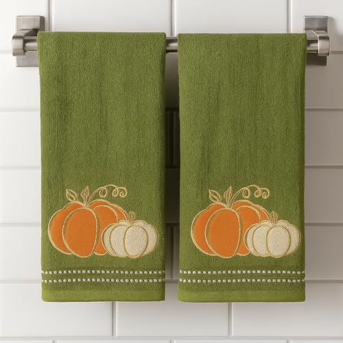 Fall Farmhouse Green Bathroom Hand Towels , Orange & Gold Pumpkins, 16"x25" | Set of 2, 100% Cotton, Embroidered Harvest Design, Fancy Trim, Perfect for Parties & Gifts, Kitchen & Bath Decor Accent