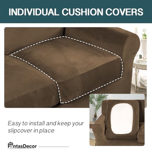 FantasDecor 4 Piece Sofa Velvet Couch Covers, Sofa, Bronze Brown | 3 Cushion,...