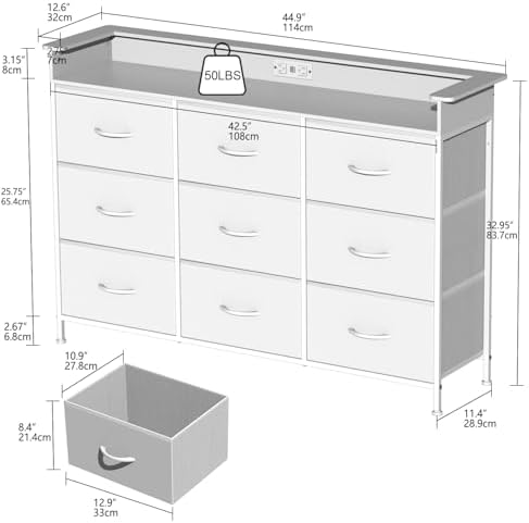 EXOTICA White Dresser with LED Light for Bedroom 9 Drawer Dressers with Charg...
