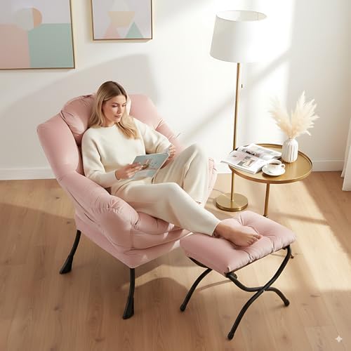 LITA Lazy Chair with Ottoman, Comfy Accent Reading Chair, Velvet Pink