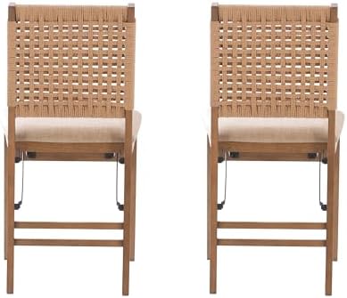 Linon Bennett Natural Folding Chair with Woven Rope Back and Linen Upholstere...