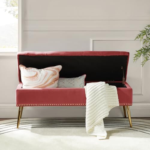 HULALA HOME Modern Velvet Storage Ottoman Bench with Gold Base & Nailhead...