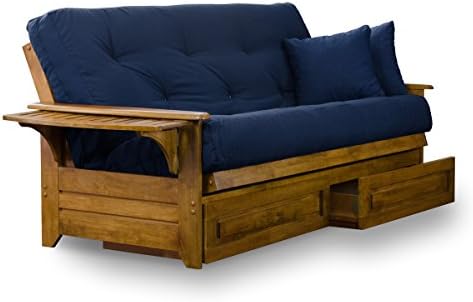 Nirvana Futons Brentwood Tray Arm Futon Frame, Drawers, and Navy Blue Mattres...