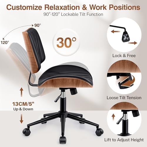 Ergonomic Armless Office Desk Chair - Mid-Century Modern Black Faux Leather w...