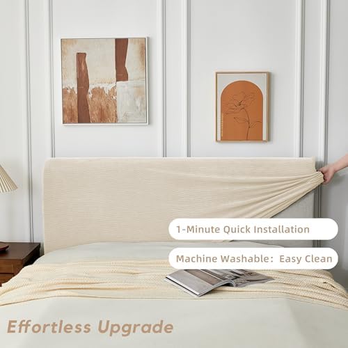 Bed Headboard Cover Queen, Stretch Head Board Slipcover Washable | Jacquard Protector Slip Cover for Upholstered Headboard for Bedroom Decor, Slanted Rib White, Queen (Length 59"-67")