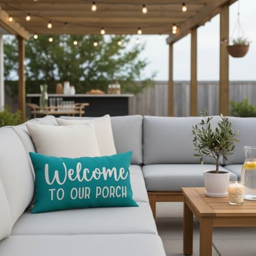 PANDICORN Farmhouse Throw Pillow Covers 12x20 Welcome to Our Porch, Teal | Outdoor Boho Decorations Lumbar Decorative Cushion Case for Home Sofa Couch Front Porch Patio Decor