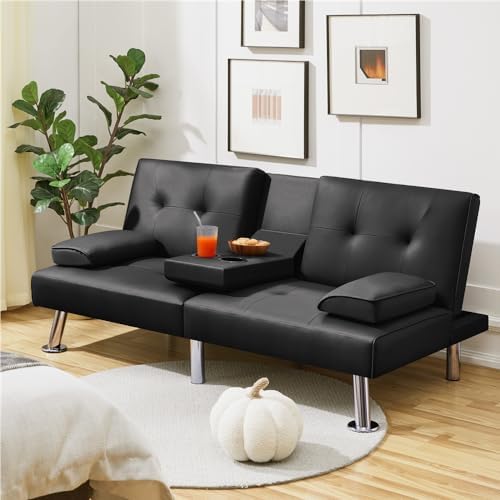 Yaheetech Convertible Futon Sofa Bed Loveseat with Cup Holder, Black