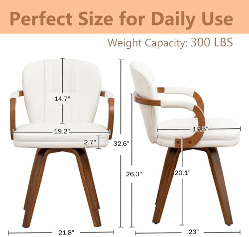 Swivel Dining Chairs Mid Century Modern White Faux Leather Upholstered Kitche...