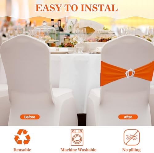 50 Pcs Stretch Chair Sashes with Crown Chair Sashes with Buckle Slider Wedding Elastic Cover for Party Bridal Baby Shower Ceremony Reception Banquet(Orange)