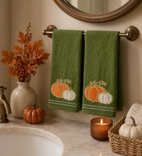 Fall Farmhouse Green Bathroom Hand Towels , Orange & Gold Pumpkins, 16"x25" | Set of 2, 100% Cotton, Embroidered Harvest Design, Fancy Trim, Perfect for Parties & Gifts, Kitchen & Bath Decor Accent