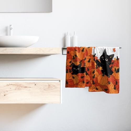 Fall Black Cat Pumpkins Bathroom Towels Set Autumn Leaves Hand Towels Thanksgiving Maple Leaves Kitchen Towels Pumpkin Harvest Dish Towels Absorbent Fingertip Towel for Hotel Beach Gym Spa 28x14 inch