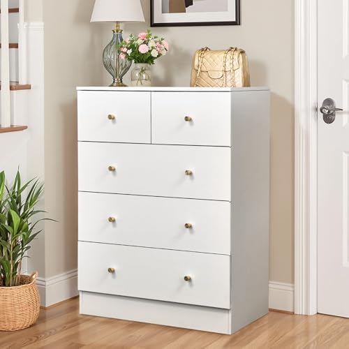 Karl home White 5 Drawer Dresser, Rose Gold Handle Modern Bedroom Chest