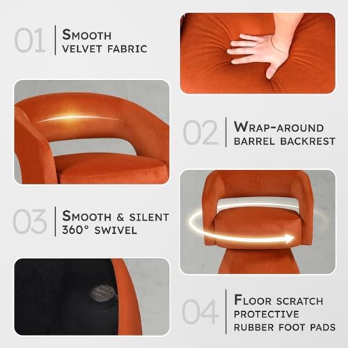 Lexicon Swivel Accent Chair, Modern Velvet Round Barrel Chair, Orange