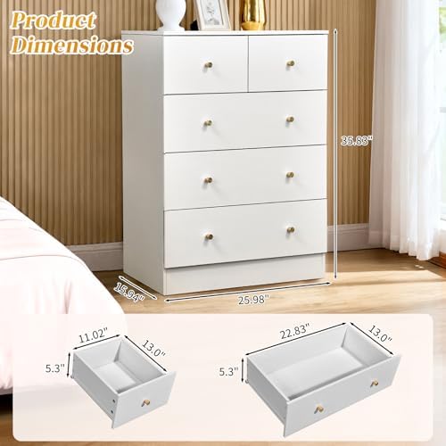 Karl home White 5 Drawer Dresser, Rose Gold Handle Modern Bedroom Chest