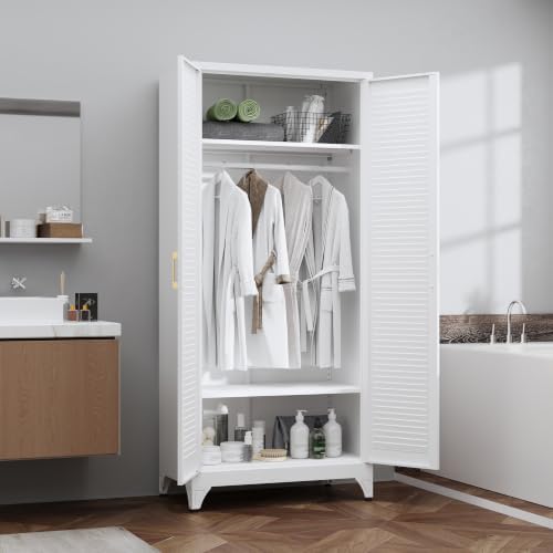 Steeloong 71"Armoire Wardrobe Close,White Wardrobe Cabinet with Hanging Rod
