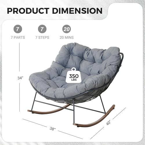 Grand patio Outdoor Papasan Rocking Chair with Thick Cushion, Grey