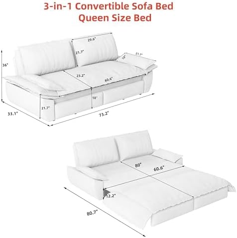 73.2" Sofa Bed Queen, 3-in-1 Pull Out Sofa Bed with Pillow Armrest, Mode...