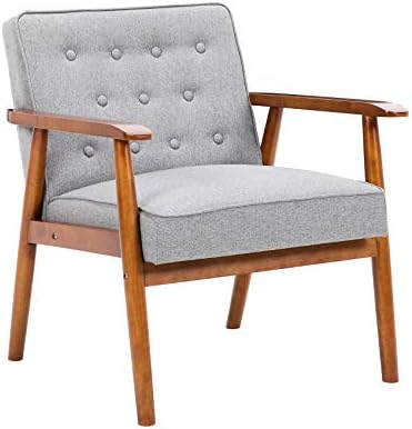 UNICOO – Leisure Chair Solid Wood Armrest Accent Chair, Fabric Upholstered Wo...