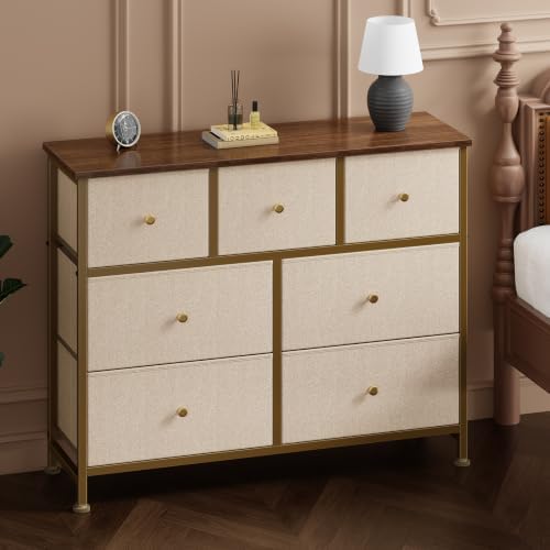 Sweetcrispy 7 Drawer Dresser for Bedroom Storage with Fabric Bins, Khaki