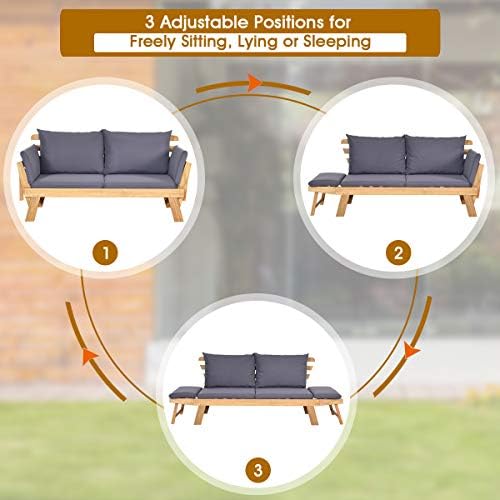 Tangkula Convertible Acacia Wood Patio Sofa Bed with Adjustable Armrest