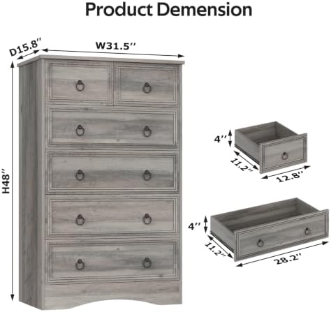 VVFLU 48'' Tall Grey Dresser with 6 Drawers Chest of Drawers for Bedr...