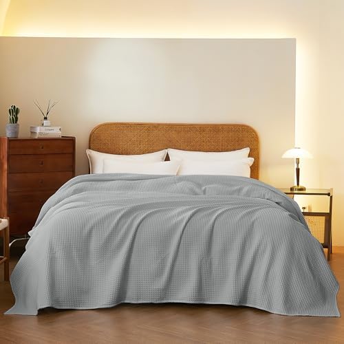 100% Cotton Waffle Blanket for Bed King Size, Light Grey, 104 x 90 Inches