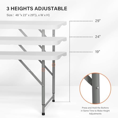 VINGLI 4 FT Plastic Folding Camping Table,3-Level Adjustable Height, Portable...