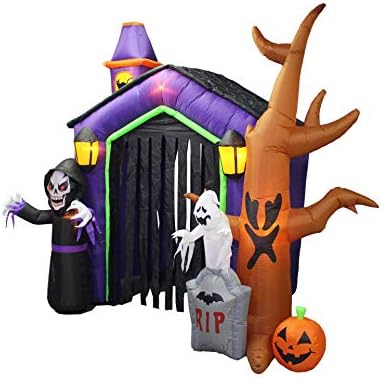 8.5 Foot Halloween Inflatable Haunted House Castle with Skeleton, Ghost &...
