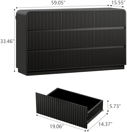 Wodeer Black Dresser Fluted 9 Drawers Dresser for Bedroom, 59" Wide Wood...