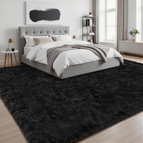 8x10 Area Rug Living Room Bedroom: Fluffy Plush Shag Carpet Black