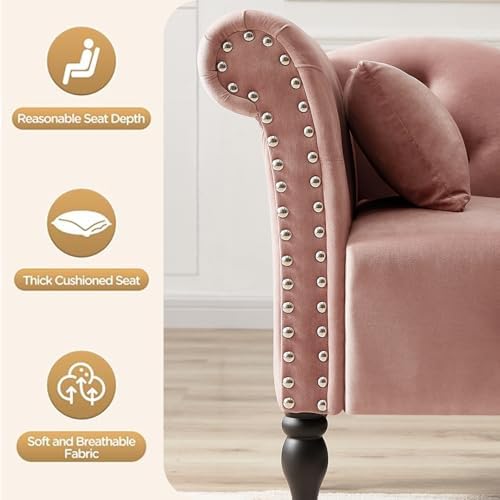 Tufted Upholstered Velvet Rolled Arm Chaise Lounges Indoor Chair, Rose | Righ...