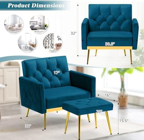 Velvet Accent Chair w/Ottoman & Adjustable Backrests, Teal