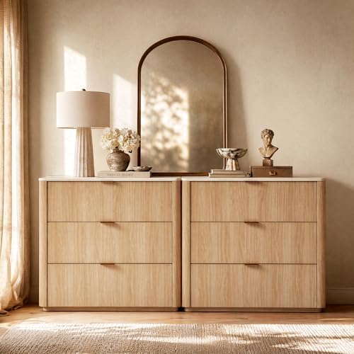 ModernMate 3 Drawer Dresser with Curved Profile & Faux Travertine Texture...