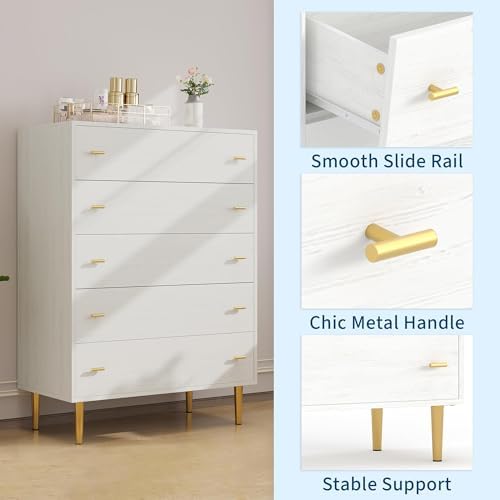 Farmhouse 5 Drawer Dresser for Bedroom, 43"Tall Wood Chest of Large Drawers