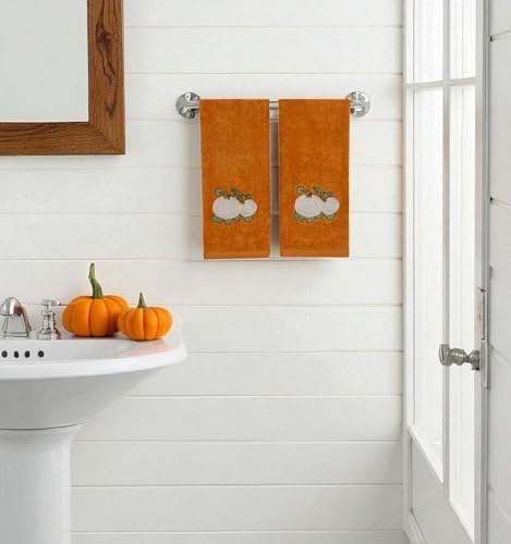 Fall Rust Bathroom Guest Hand Towels, Embroidered Pumpkin Leaf, 16x25 " | Set of 2, 100% Cotton Velour, Autumn Farmhouse Decor for Bath or Kitchen, Perfect for Parties & Gifts
