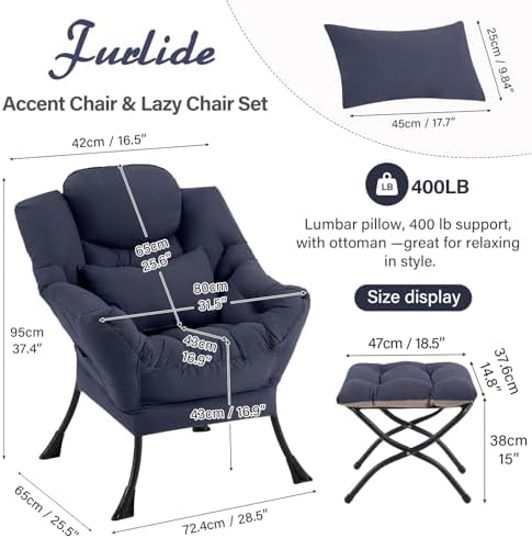 Furlide Lazy Chair with Ottoman, Modern Lounge Chair with Lumbar Pillow, Acce...