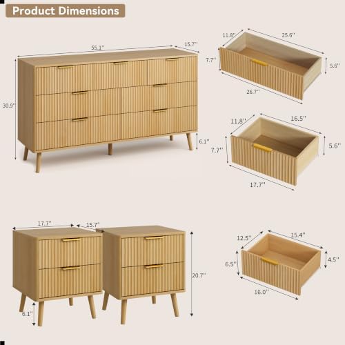 CARPETNAL Fluted Dresser and Nightstand Sets for Bedroom, 3 Pcs Bedroom Set, ...